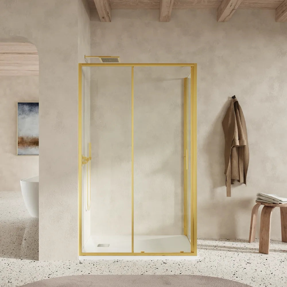 Box doccia slim 90x160cm con porta scorrevole e parete fissa profili oro spazzolato e vetro 6mm trasparente anticalcare h190| Portofino