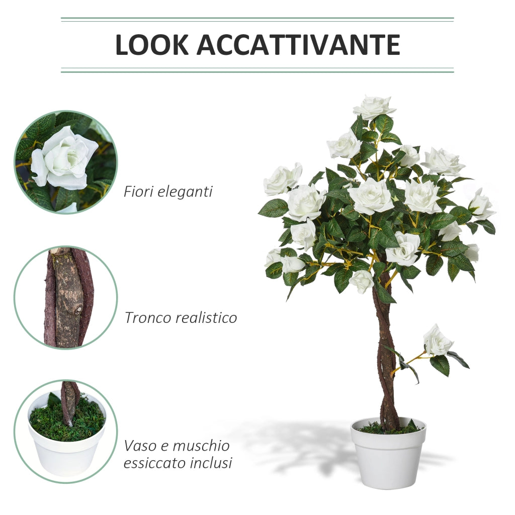 Pianta Finta di Rosa da 21 Fiori con Vaso Riempito in Cemento e Muschio, Pianta Artificiale Anti-UV in Plastica e Tessuto, ?18x90 cm, Bianco e Verde