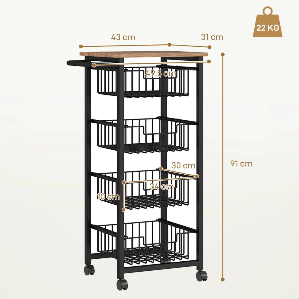 Carrello da Cucina Salvaspazio in Acciaio e Legno con 4 Cestini Estraibili e Ruote con Freno 49.5x31x91 cm Rovere