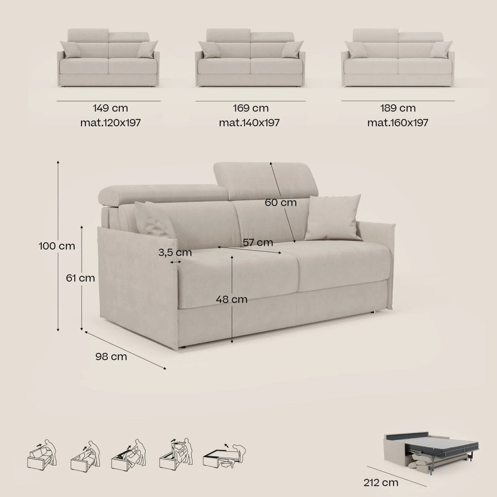 Miryam Divano letto con poggiatesta reclinabili e comfort maxi - design compatto in morbido tessuto smacchiabile T31 169 cm beige