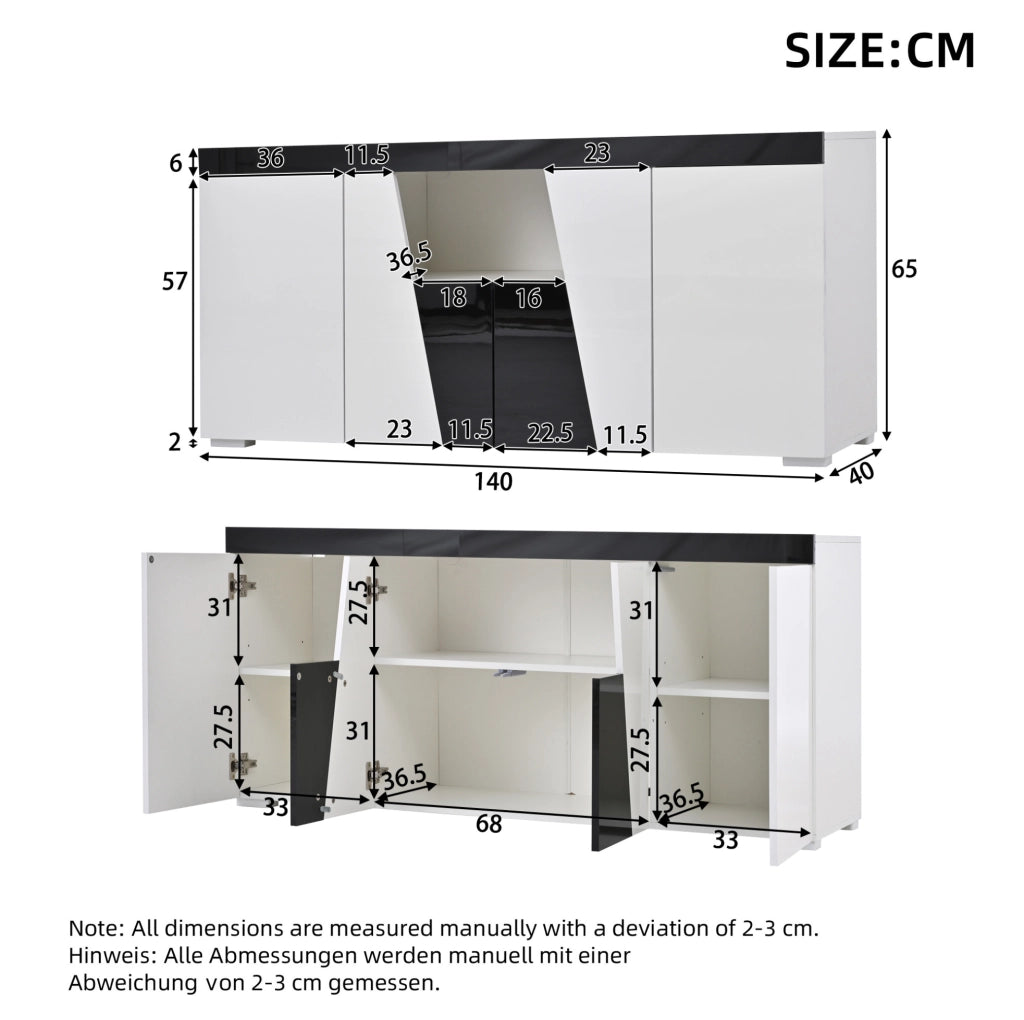 Set mobile TV LED e sideboard; bianco e nero; 180 × 38;5 × 45 cm e 140 × 40 × 65 cm