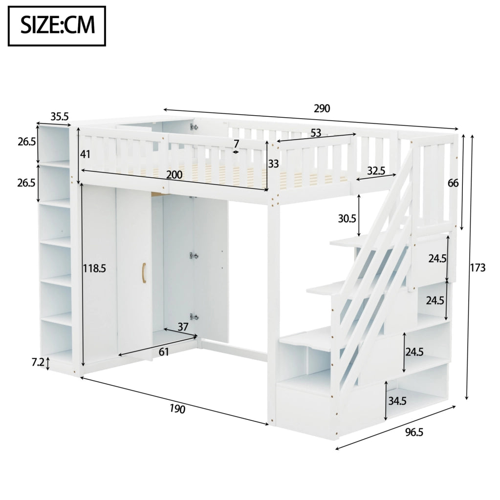 Letto a soppalco 90x200 cm con guardaroba; ripiani e scala con cassetti
