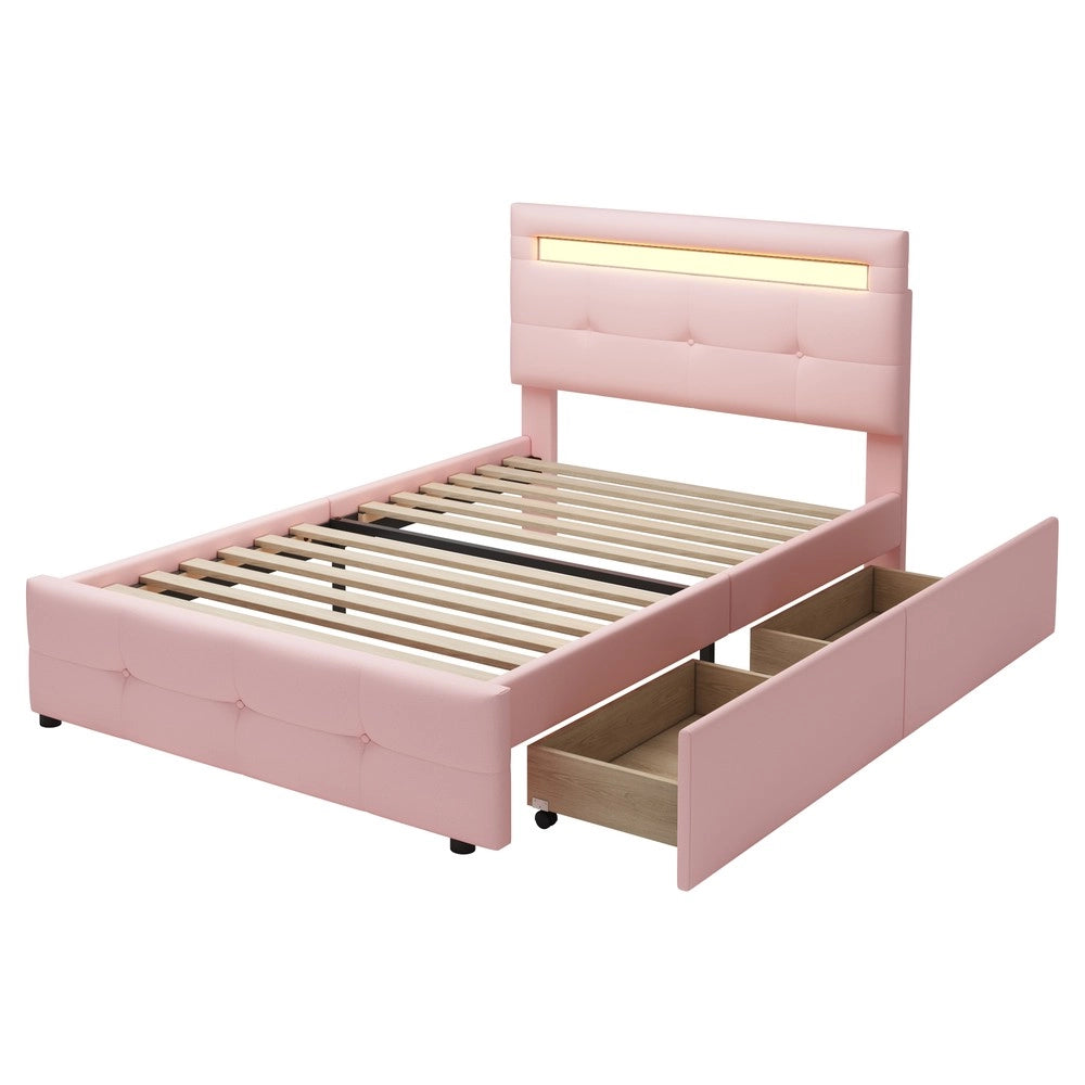 Letto Singolo Imbottito con LED e Cassetti ¨C MINIMAL ¨C Rosa, 90x200