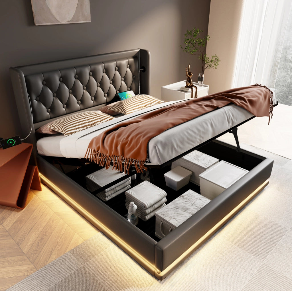 Letto matrimoniale contenitore 140 × 200 cm in PU nero con LED; USB e Type-C