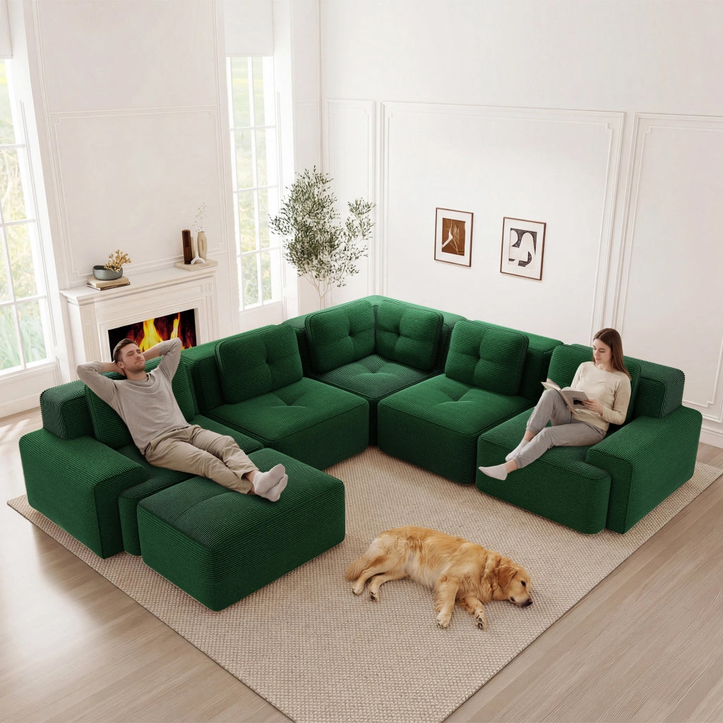 Divano Angolare Modulare 2 Posti ¨C MINIMAL ¨C Verde, Velluto a Coste
