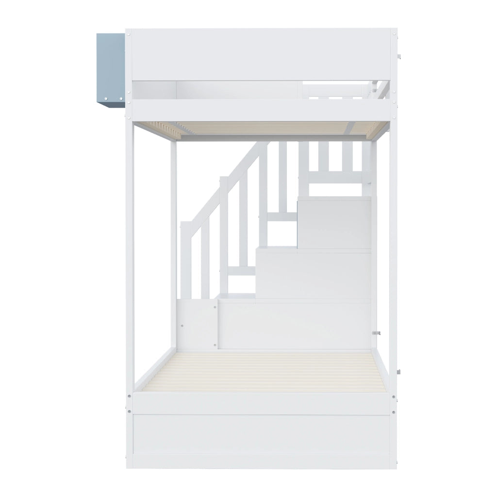 OKWISH Letto a castello 90×200 cm, Letto Singolo con Motivi Coniglio e Carota, Mensola Rimovibile, 2 Cassetti e Scala con Vano Contenitore, senza Materasso, Bianco e Blu