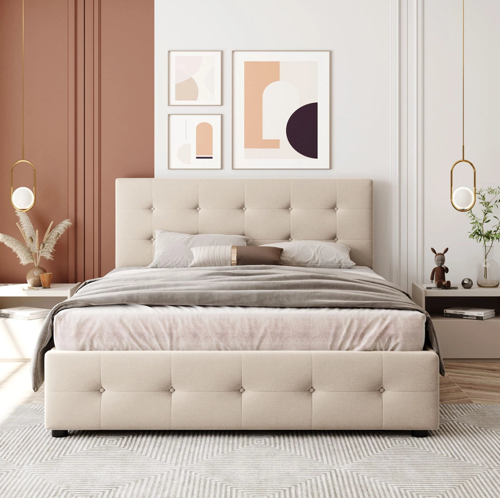 Letto imbottito con 4 cassetti e supporto a doghe; struttura in acciaio; beige