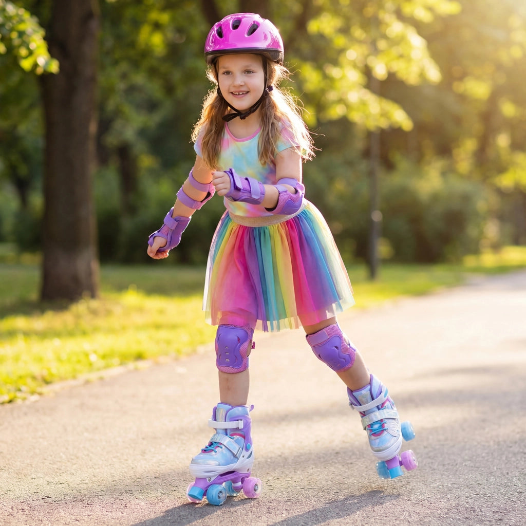 Pattini a rotelle per bambina con diversi strati protettivi e 4 ruote luminose con freno, Pattini a rotelle regolabili in 4 taglie Blu M