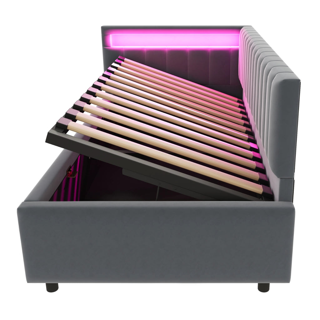 Letto imbottito singolo 90×200 cm con contenitore; LED e rete; senza materasso; velluto; grigio