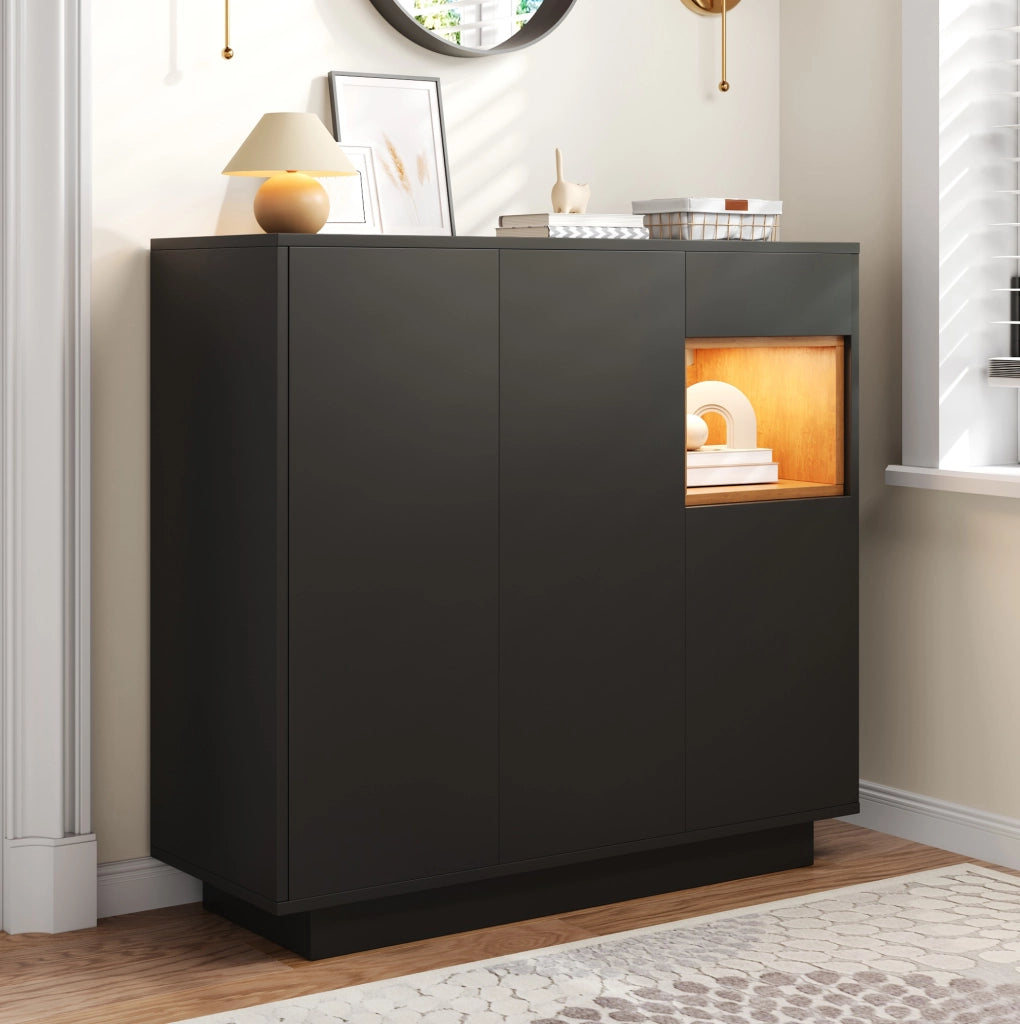 Mobiletto scarpiere con cassetto, ripiani regolabili, nero e legno, 105x39,5x100,5 cm