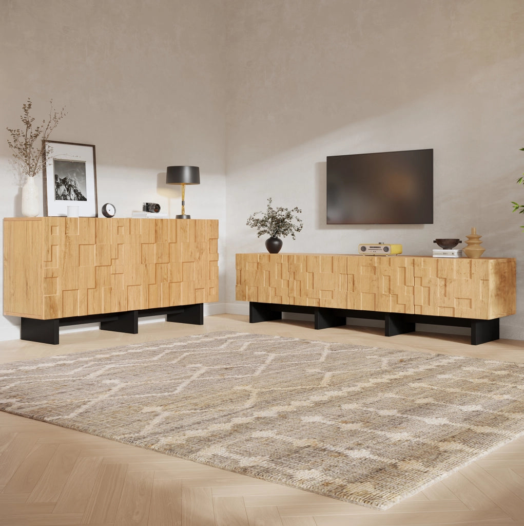Set mobile TV e credenza ULEVR effetto legno naturale, TV 180 cm per schermi fino a 75 pollici, credenza 140 cm