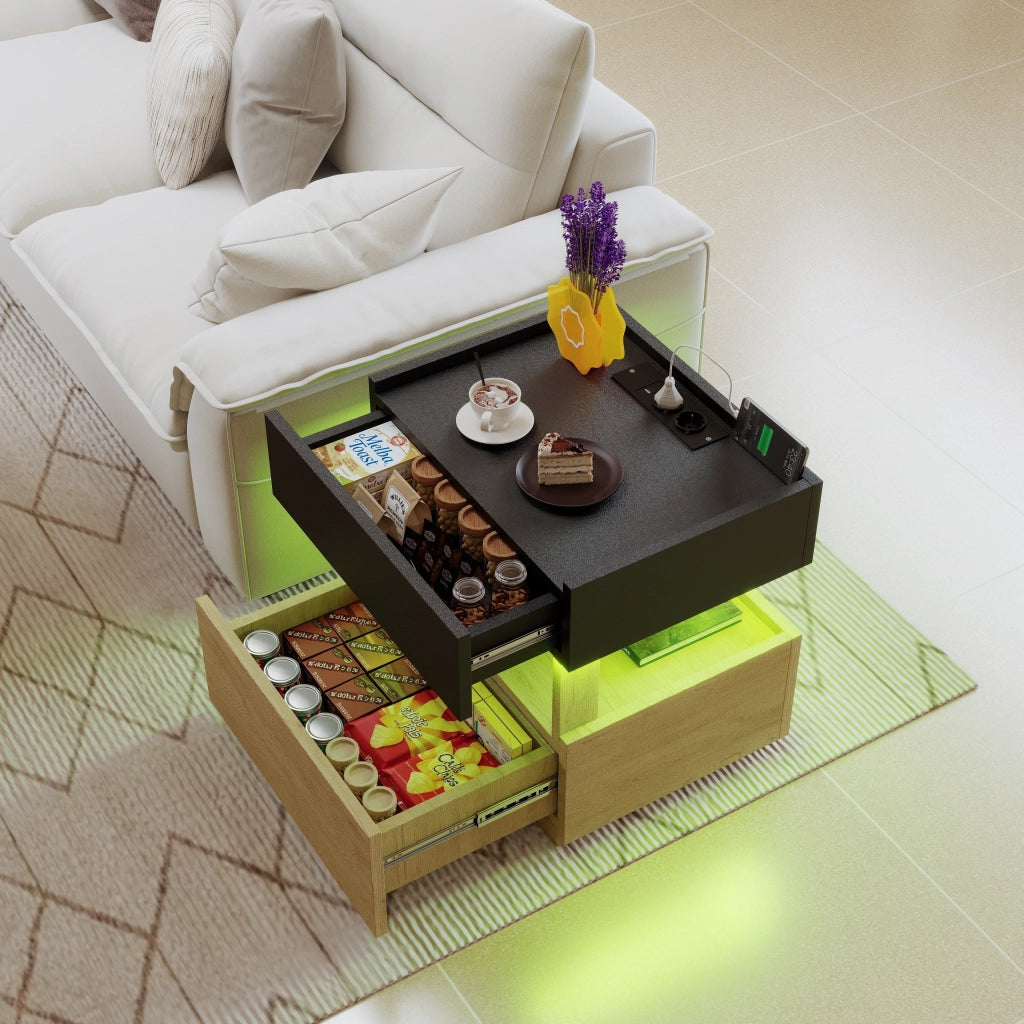 Comodino con ricarica wireless, LED e due cassetti, finitura legno e nero per camera da letto 50 × 40 × 50 cm