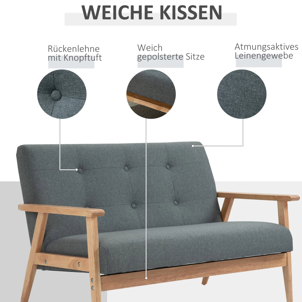 Divano 2 posti compatto in stile scandinavo con cuscini imbottiti in lino grigio scuro