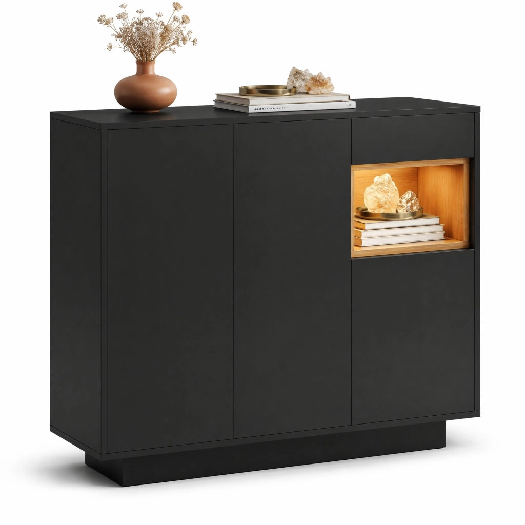 Mobiletto scarpiere con cassetto, ripiani regolabili, nero e legno, 105x39,5x100,5 cm