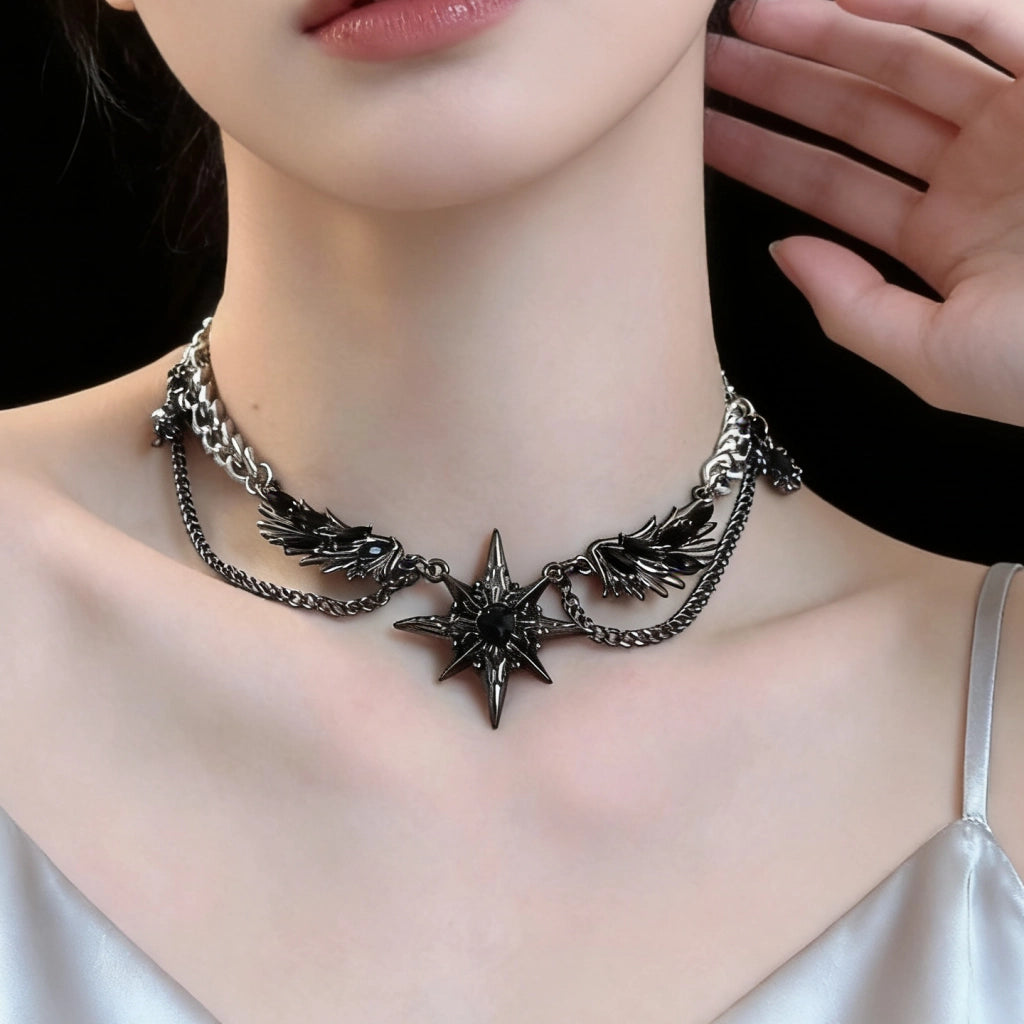 Collana Y2K Black Wings Starlight, stile punk, subcultura, collana da ragazza sexy, gotica dark, catena per clavicola
