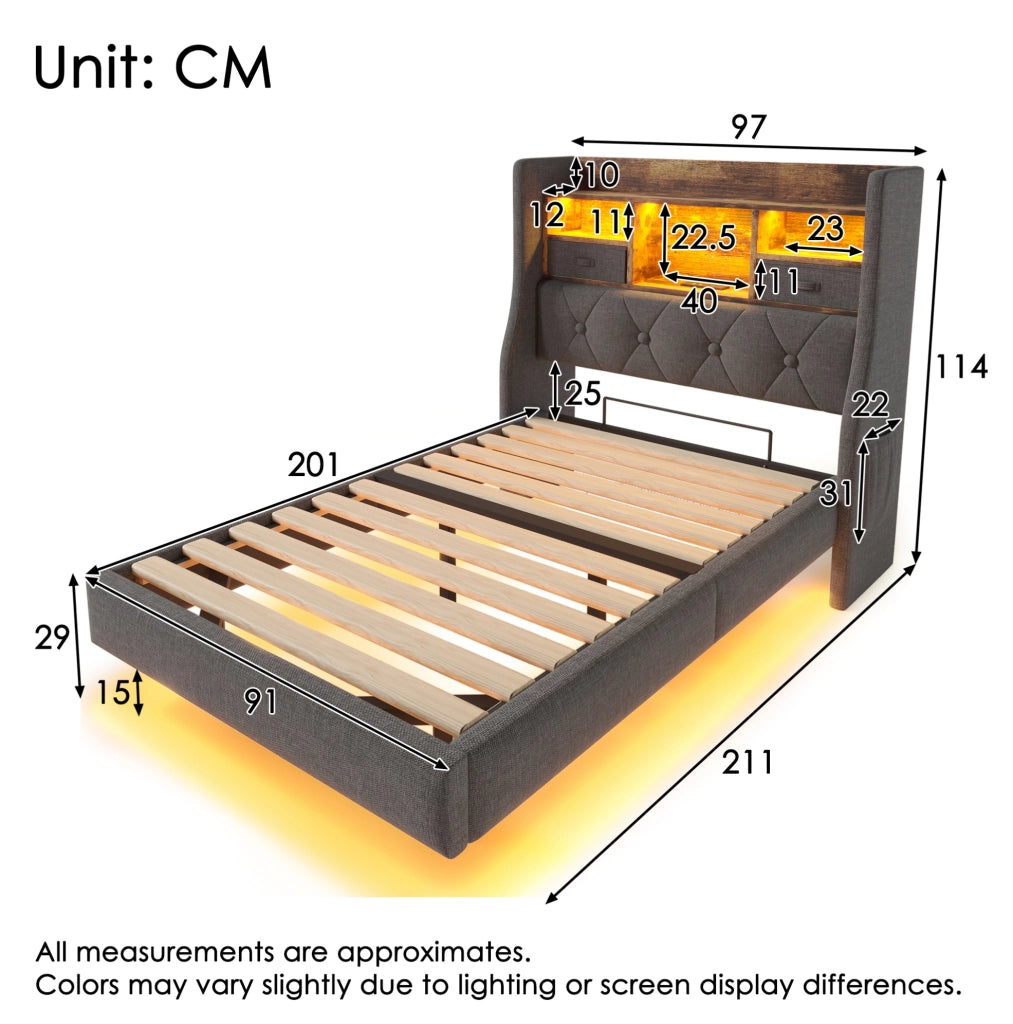 Letto imbottito 90x200 cm con LED; USB e USB C; testiera contenitore; lino grigio