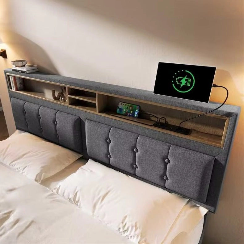 Letto imbottito 140x200 con testiera regolabile, USB e contenitore