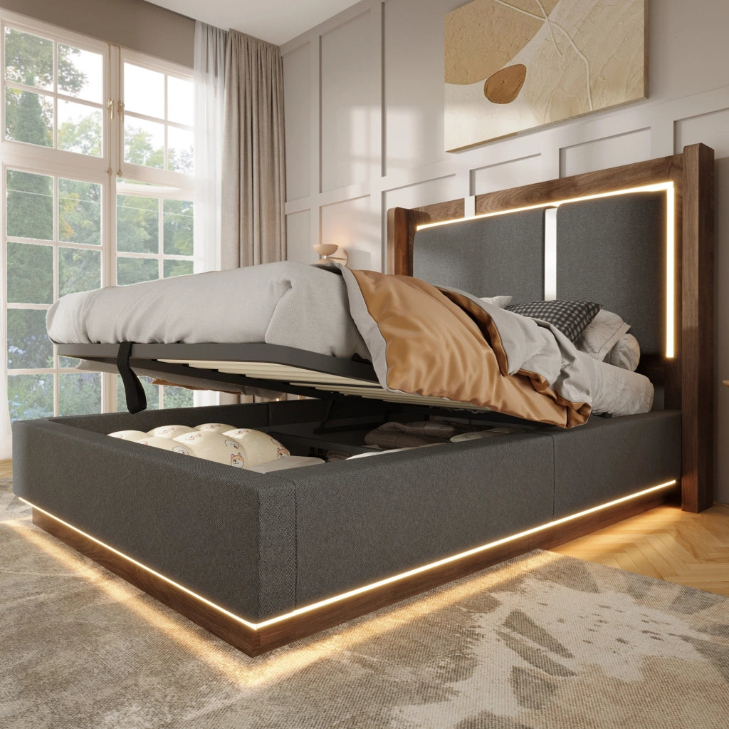 Letto imbottito 90 × 200 cm con contenitore idraulico; rete a doghe e LED; lino grigio e noce