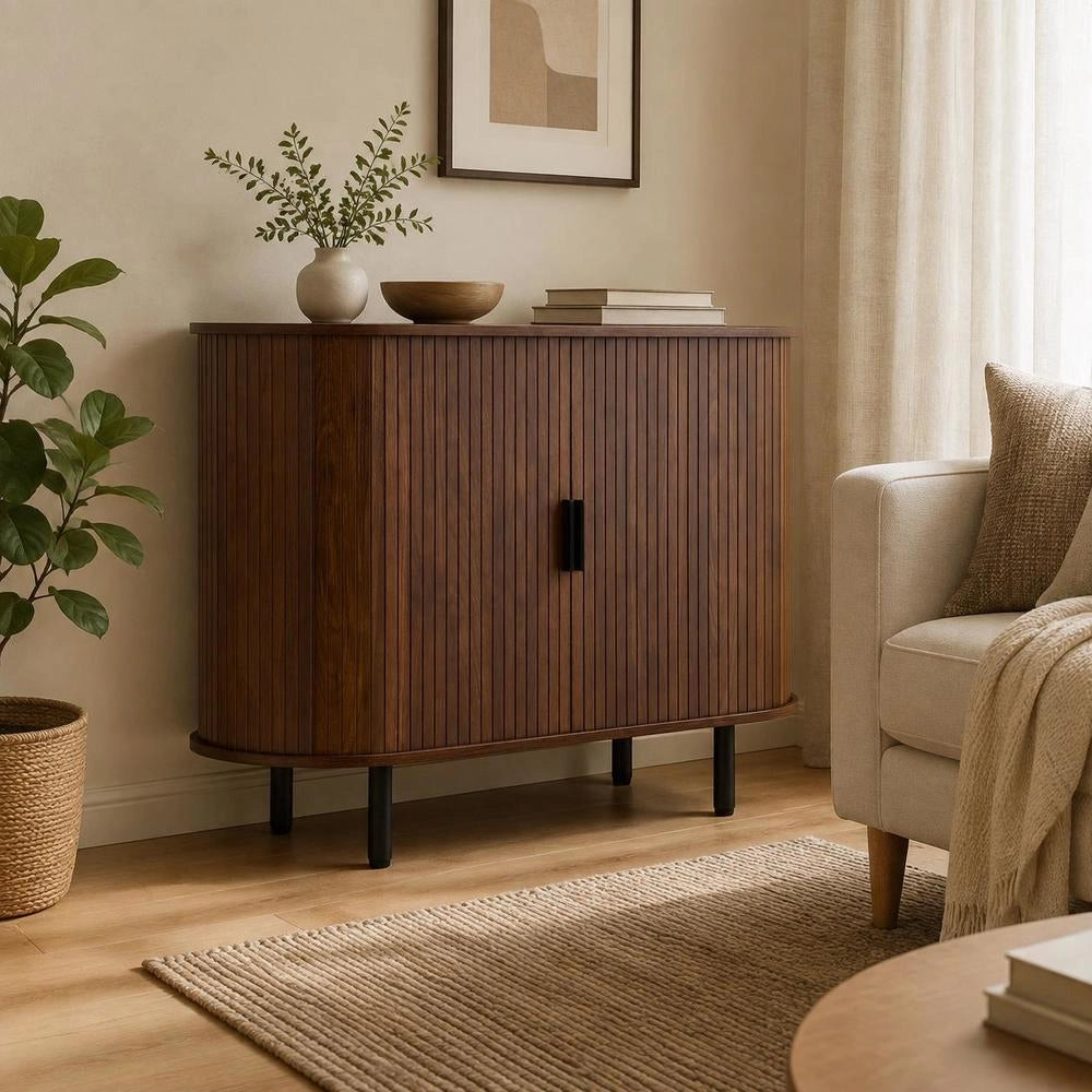 Coffee Bar Cabinet, Mid Century Fluted Coffee Bar Table, Buffet Stand Cabinet With 2 Sliding Doors, Sideboard Buffet Station For Living Room, Entryway, Kitchen, 39.3 X 15.7 X 29.5 In, Walnut