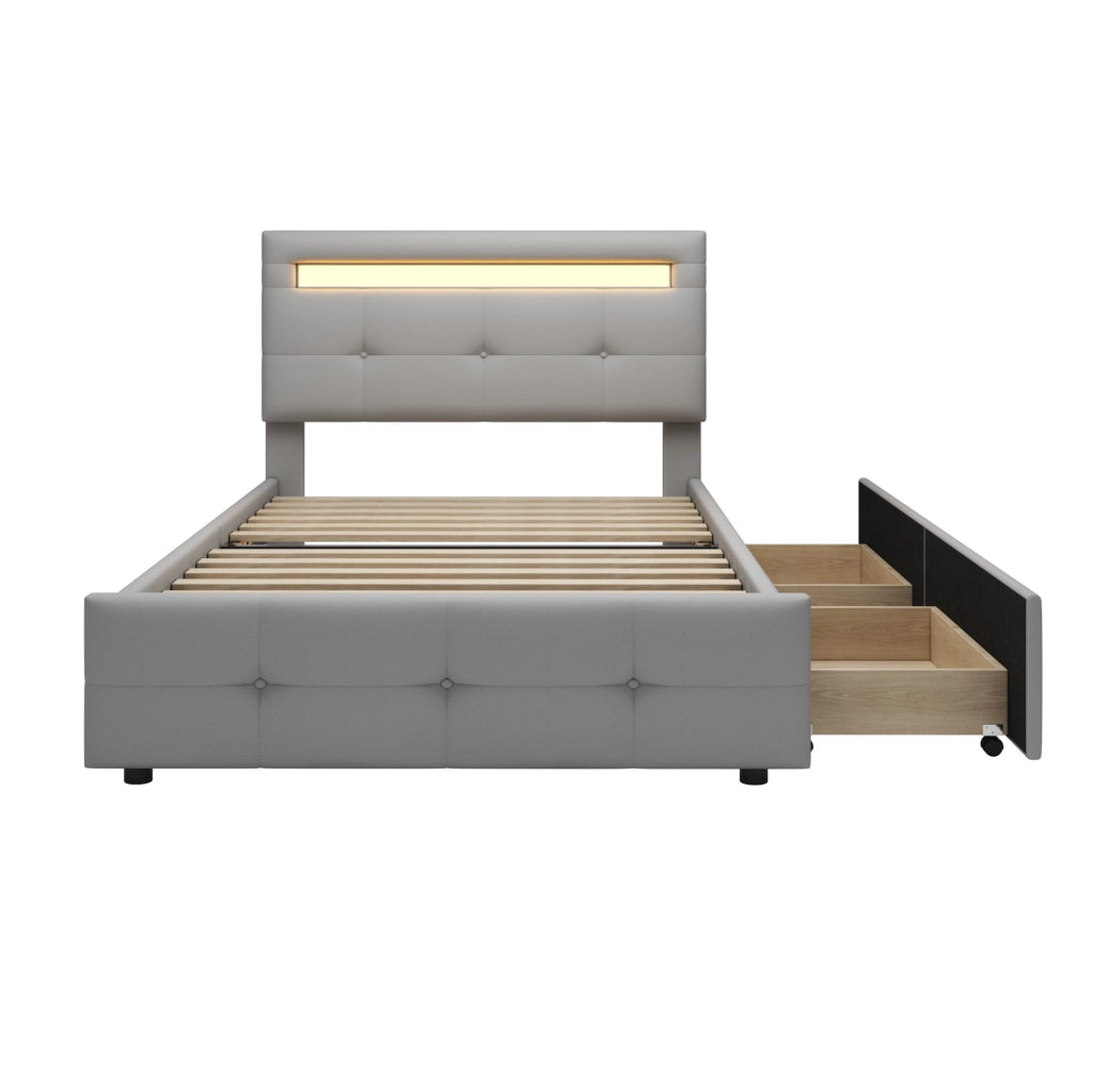 Letto imbottito 90x200 cm con LED, 2 cassetti, testiera regolabile e rete a doghe grigio