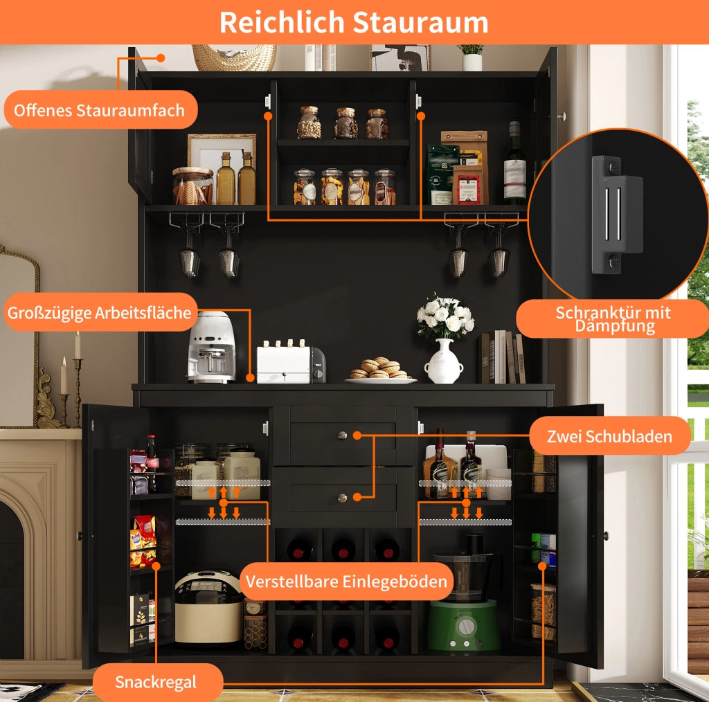 Credenza alta da cucina con portabottiglie e ripiani regolabili