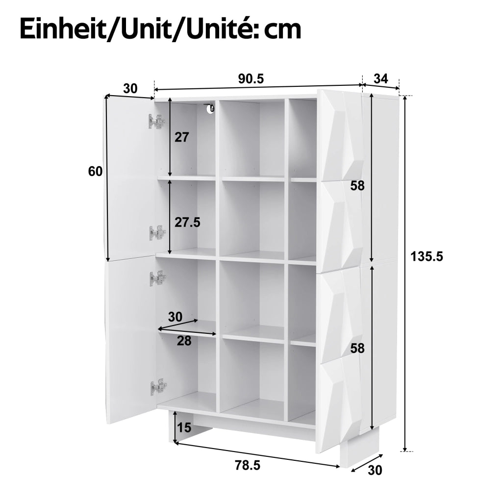 Vetrina 4 ante con 12 vani e ripiani aperti in pannello di particelle bianco per soggiorno e ingresso 90.5 × 34 × 135.5 cm