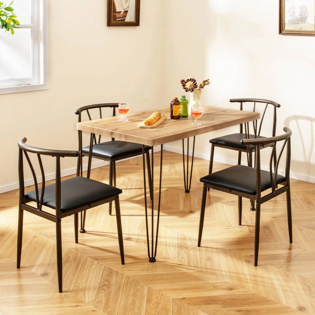 Set pranzo 5 pz tavolo cucina rettangolare industriale 4 sedie senza braccioli, Set seduta imbottita schienale raggiera mobili salvaspazio sala pranzo soggiorno