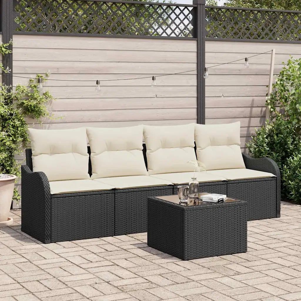 Set Divano da Giardino 5 pcs Nero e Crema polyrattan