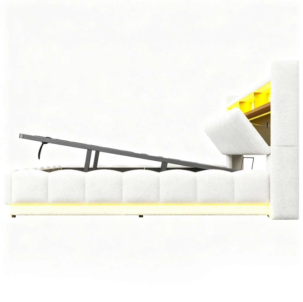 Letto imbottito 180x200 cm con contenitore idraulico, rivestimento in lana d'agnello bianco, luci LED integrate e porte USB, struttura in metallo