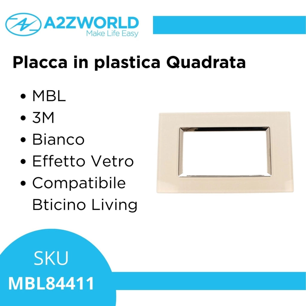 Placca Quadrata In Vetro Temperato MBL 4M Bianco Compatibile Bticino Living BLN84401