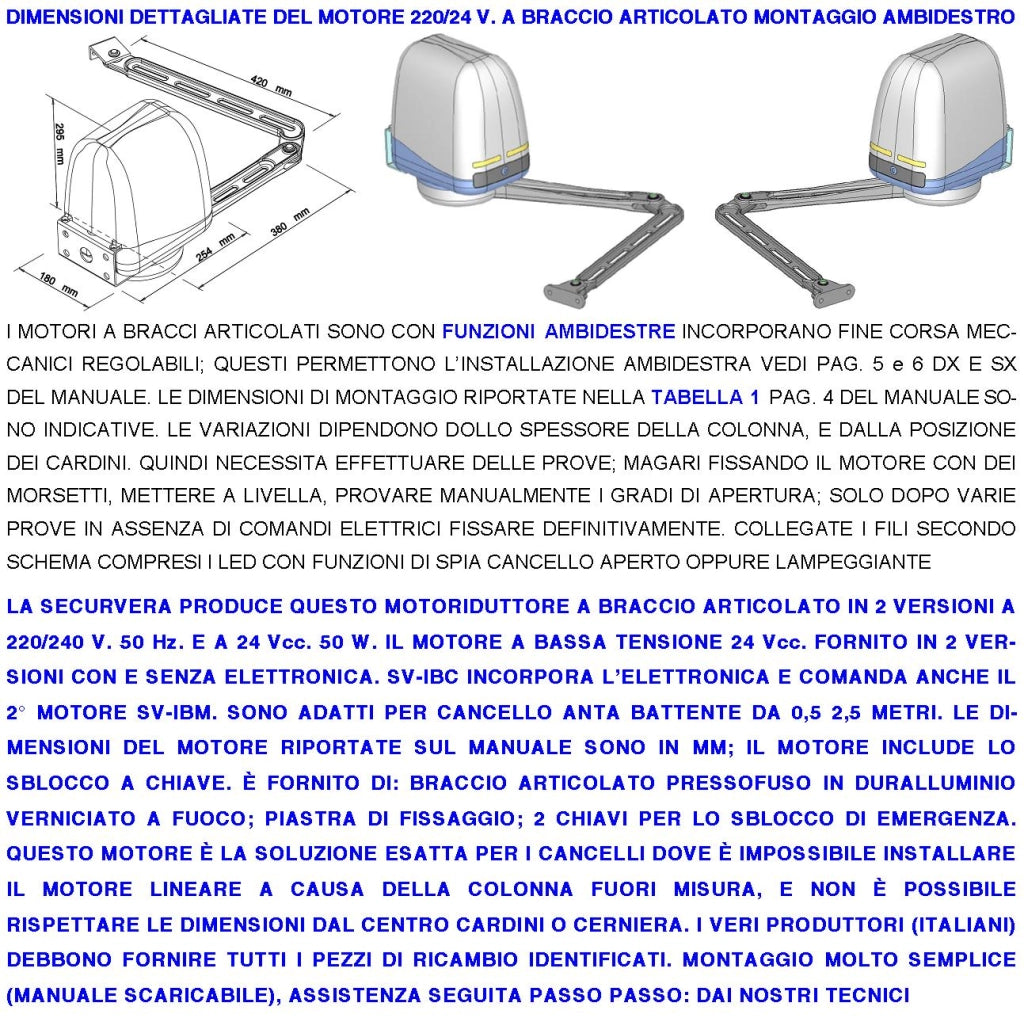 Automatismo Cancello Kit Motori Braccio Articolato 24 V 2 Ante da 1 a 2,5 MT Centrale 220/24 V 7 Radiocomandi Selettore Faro 2 Fotocellule 2 Paline Accendiluci