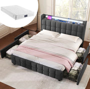 Letto imbottito 160x200 cm con LED; prese e USB; 4 cassetti; grigio