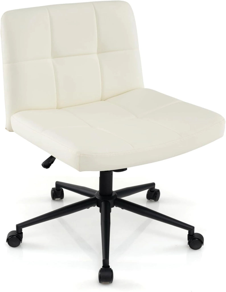Sedia da Ufficio con Ruote, Sedia Scrivania a Gambe Incrociate Rivestita in Pelle PU, Sedia Ufficio con Altezza e Regolabile Regolabile, Sedai senza Braccioli, Portata 150 kg (Beige)