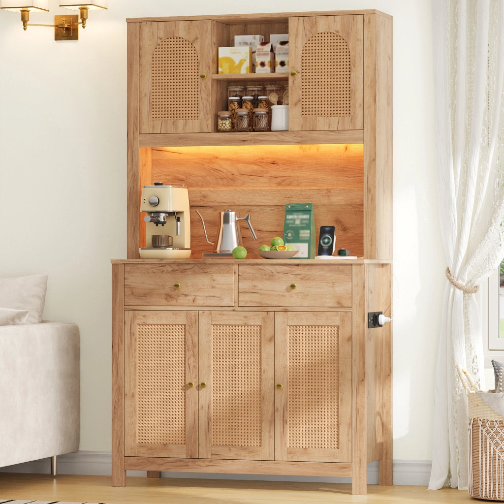 Mobile colonna da cucina con 5 ante in rattan 2 cassetti LED RGB prese e USB in MDF naturale 100 × 40 × 180 cm