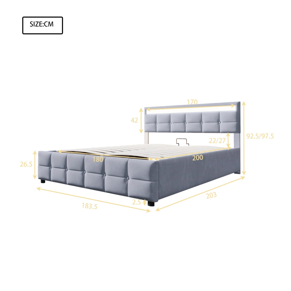 Letto Contenitore 180x200 cm; Sollevamento Idraulico; LED - in Velluto Grigio