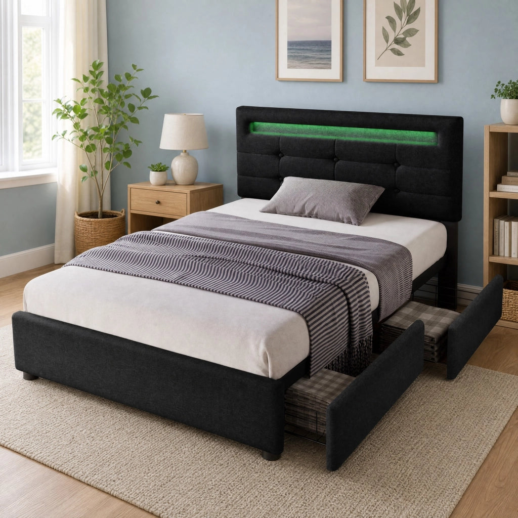 Letto singolo 90x200 cm con LED, 2 cassetti e testiera regolabile