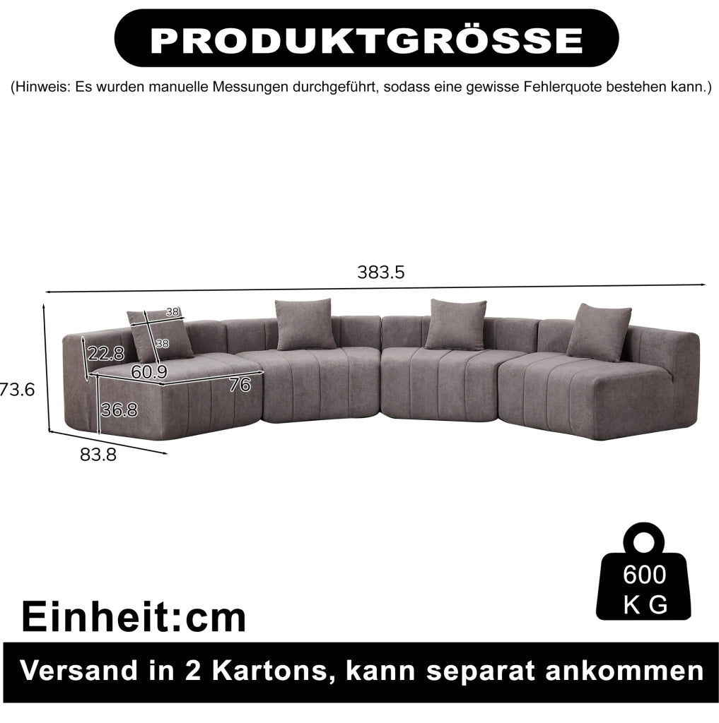 Divano modulare curvo 383,5x83,8x73,6 cm in ciniglia grigia con 2 cuscini