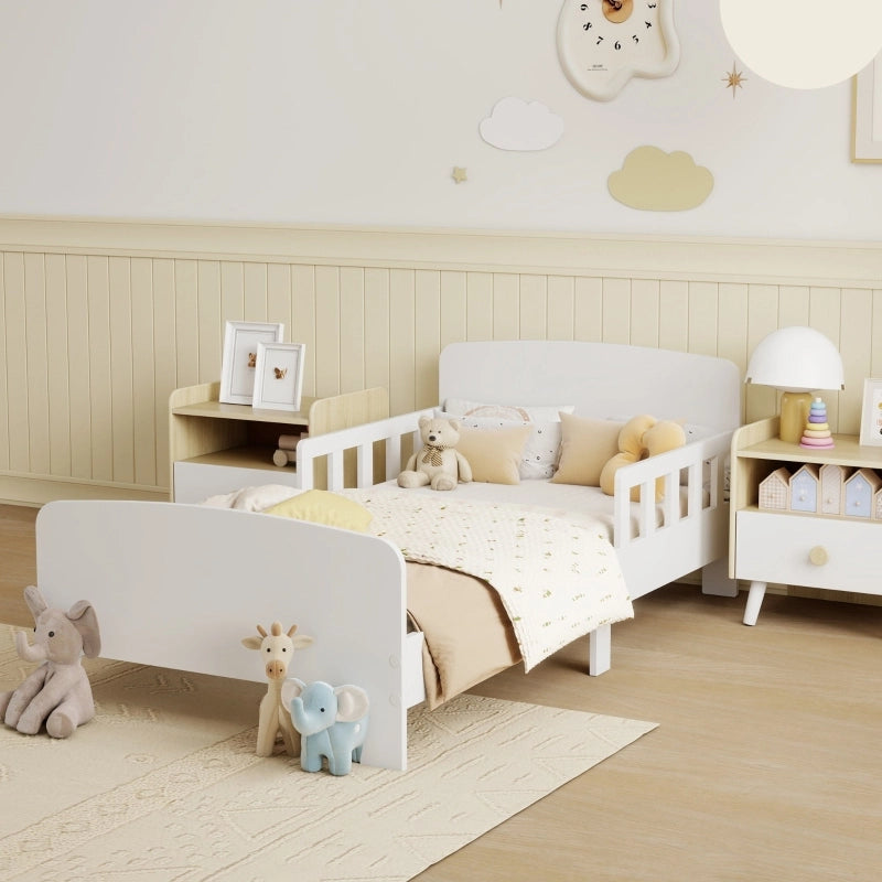 Letto per bambini basso 140 × 70 cm con barriere laterali di sicurezza, senza materasso, in legno, bianco