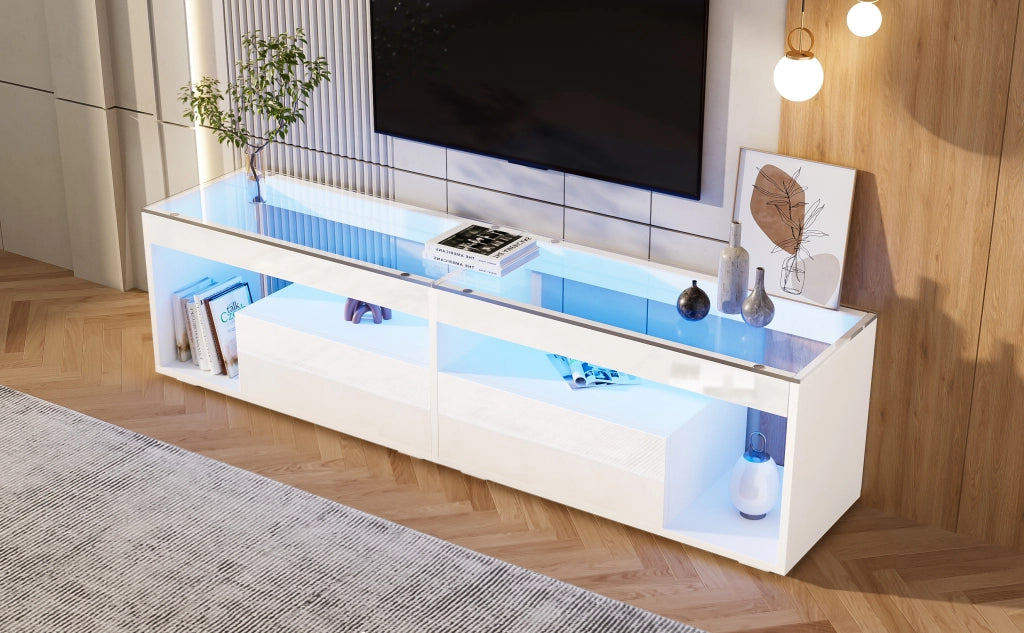 Mobile TV con LED ¨C Minimal ¨C Bianco lucido, 2 cassetti, adatto per TV fino a 70 pollici, per soggiorno e camera