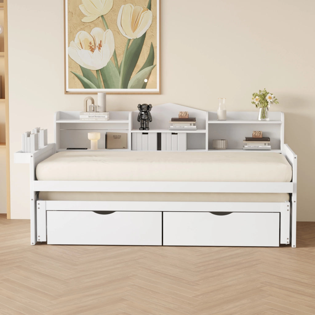 Divano letto singolo 90x200 cm bianco con letto estraibile, cassetti e USB