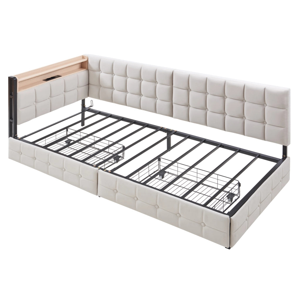 Divano letto in tessuto 90 x 200 cm con 2 cassetti; LED; USB e Type-C; beige