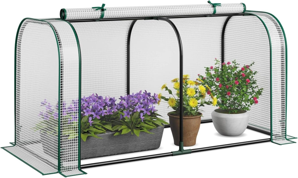 Mini Serra 118 x 55 x 60 cm, Serra con Copertura Impermeabile e Protettiva dal Sole in PE, Struttura Metallica Resistente alla Ruggine e Porta con Cerniera Arrotolabile (Bianco)