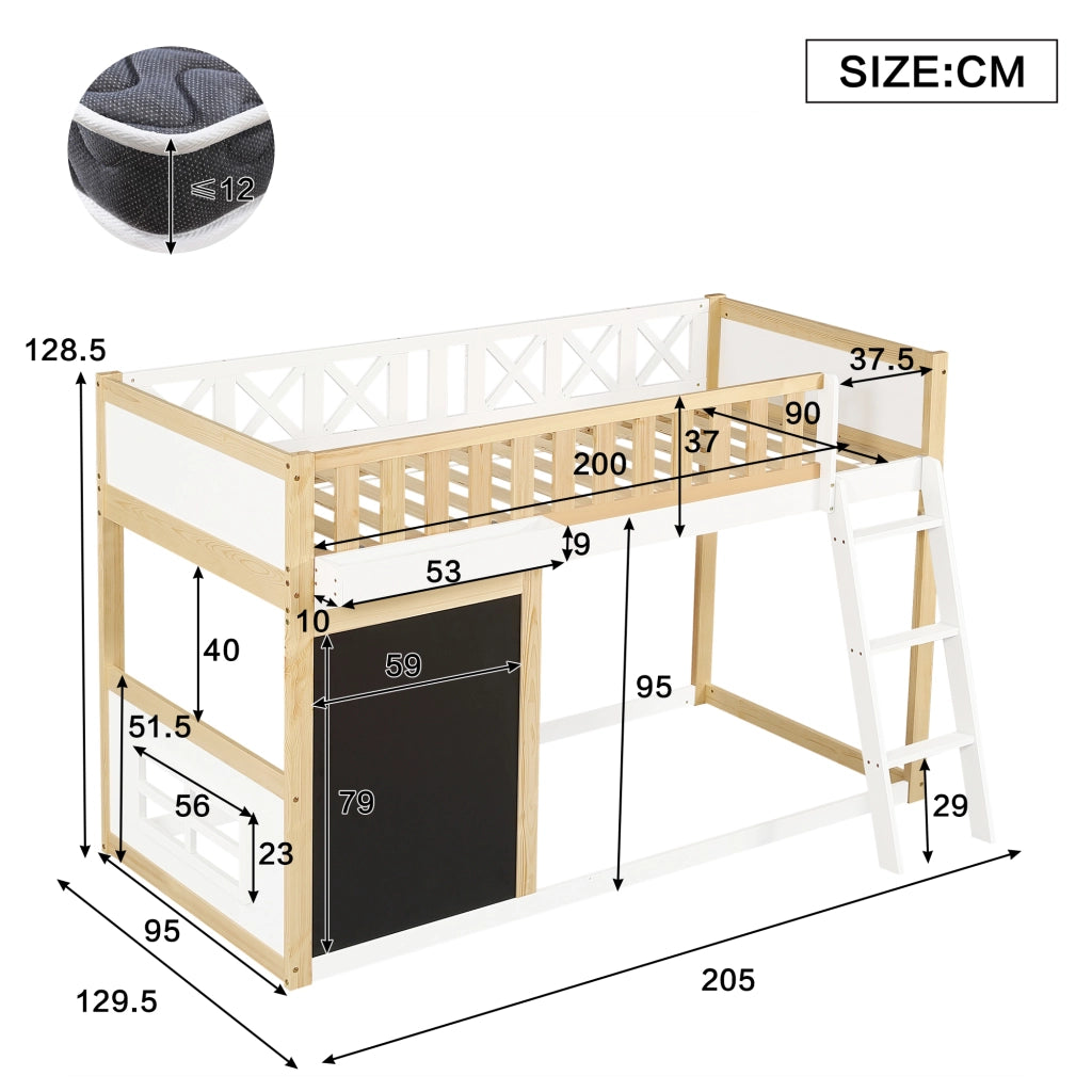Letto alto per bambini, 90x200 cm, con lavagnetta, scatola contenitore, sponde di sicurezza, contenitore sotto il letto, pino + MDF, Bianco + Naturale