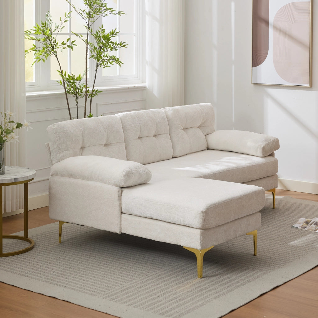 Divano angolare 3 posti 187;5x130 cm con chaise longue reversibile; cuscini imbottiti; ciniglia beige