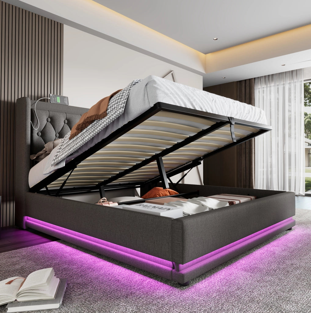 Letto matrimoniale imbottito 180 × 200 cm con contenitore idraulico; LED; USB e Type-C; cotone grigio