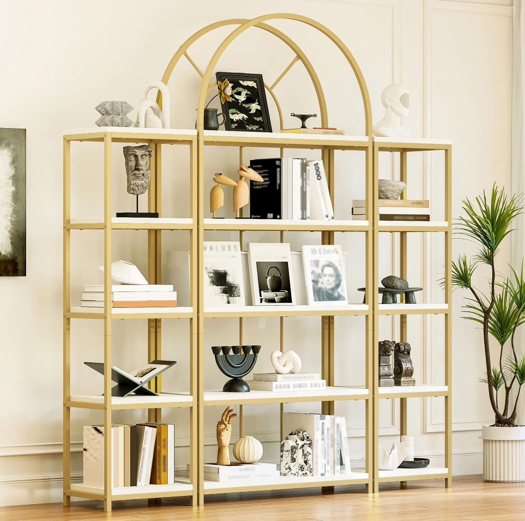 Libreria modulare 163x30x184 cm; 3 pezzi; metallo oro e MDF bianco