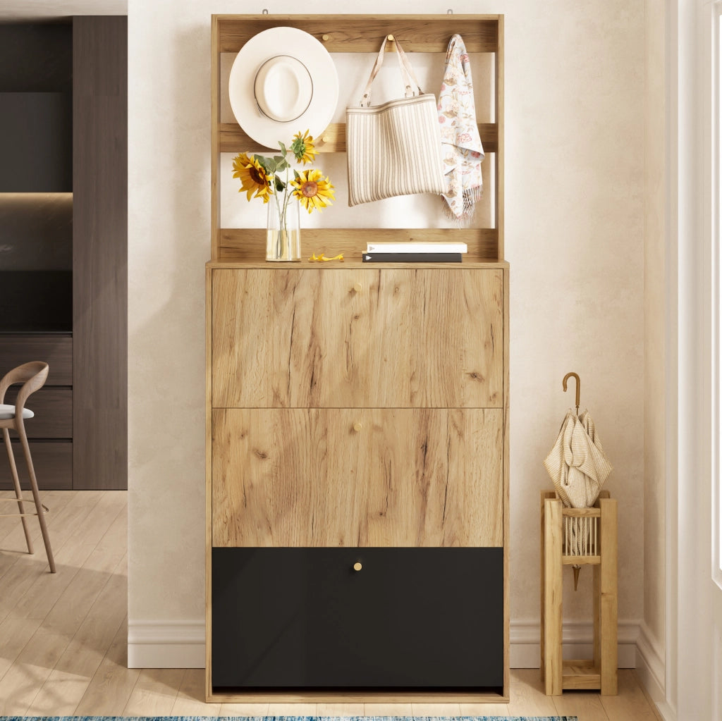 Mobile portascarpe moderno con ganci, 3 vani ribaltabili, effetto legno naturale e nero, 75 x 24 x 180 cm
