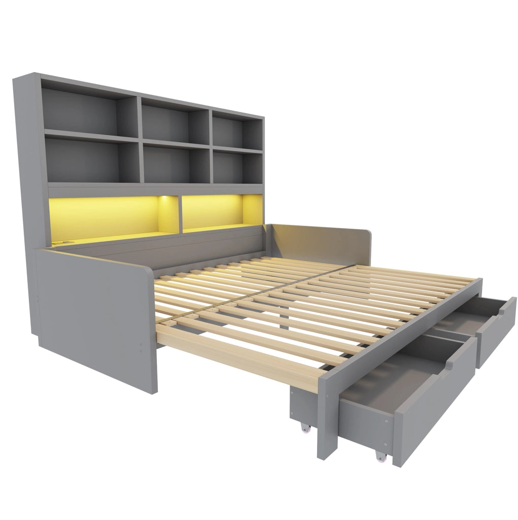 Letto estraibile 90/180x200 cm con LED, prese, cassetti e ripiani in MDF grigio