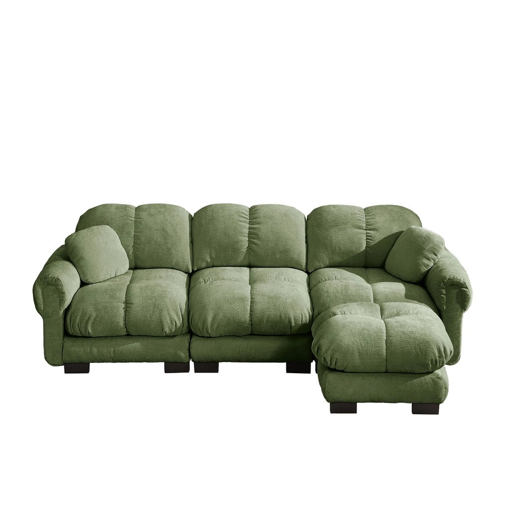 Divano angolare 3 posti verde ¨C Minimal ¨C Tessuto trapuntato con poggiapiedi e cuscini