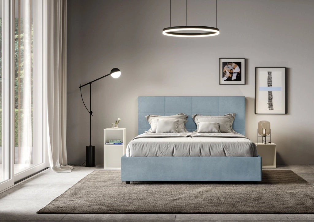 BS COM Letto queen size con rete imbottito 150x210 microfibra azzurro